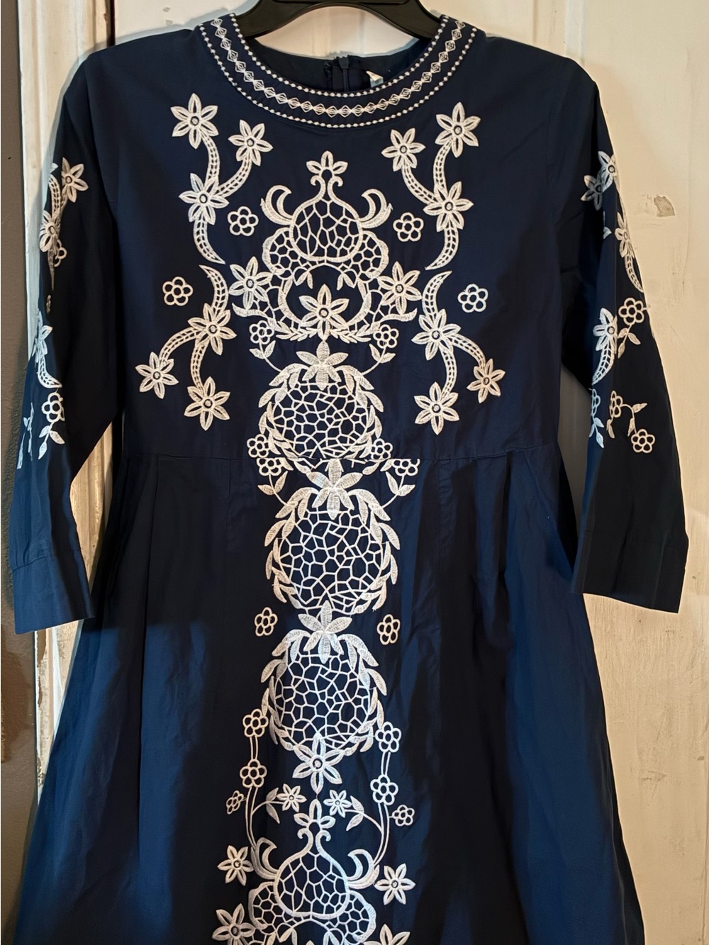 Women’s Navy Midi Dress with White Embroidered Detail size small